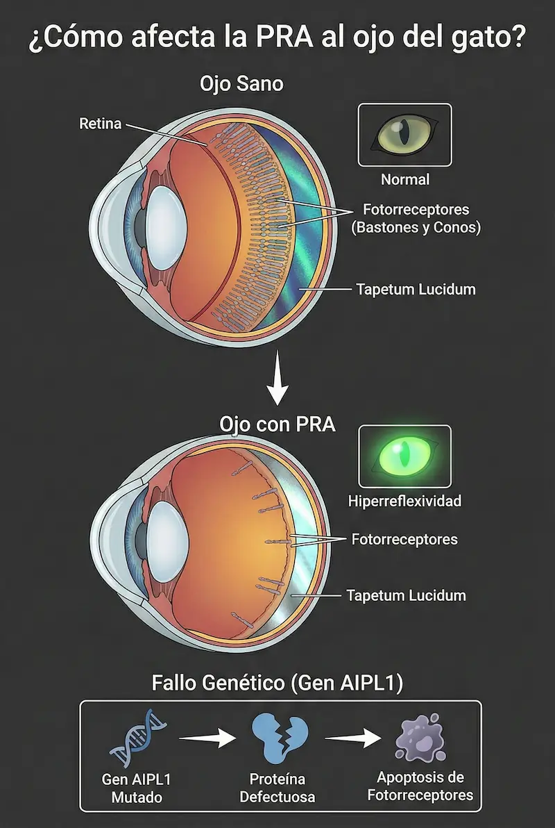 ¿Cómo afecta la PRA al ojo del gato?